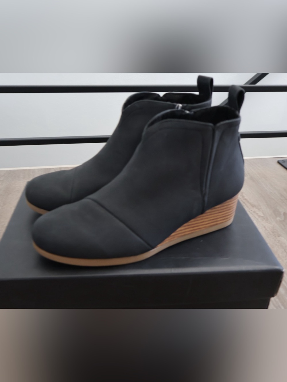 Toms Black Wedge Ankle Booties with Wood-Effect Heel